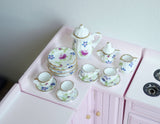 Dollhouse miniature porcelain ceramic teapot and cups 15 piece set leaves and birds teapot - A057