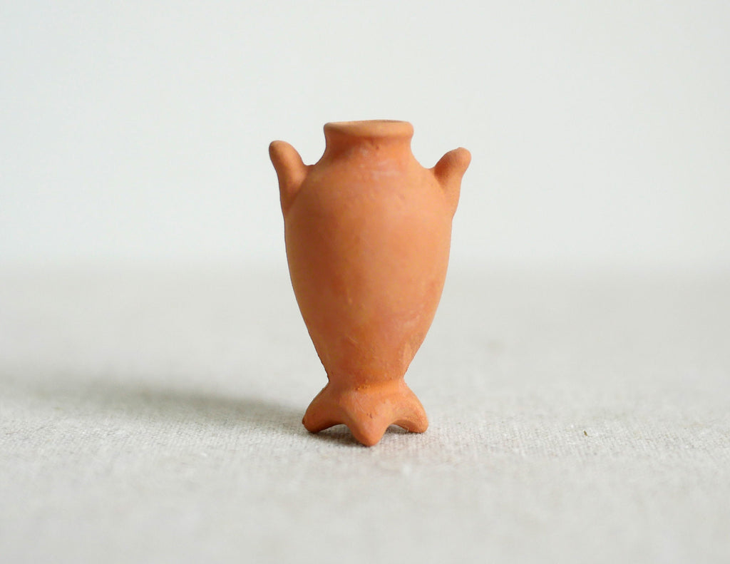 1:12 scale miniature terracotta clay amphora planter with two handles and feet, shown on a white surface