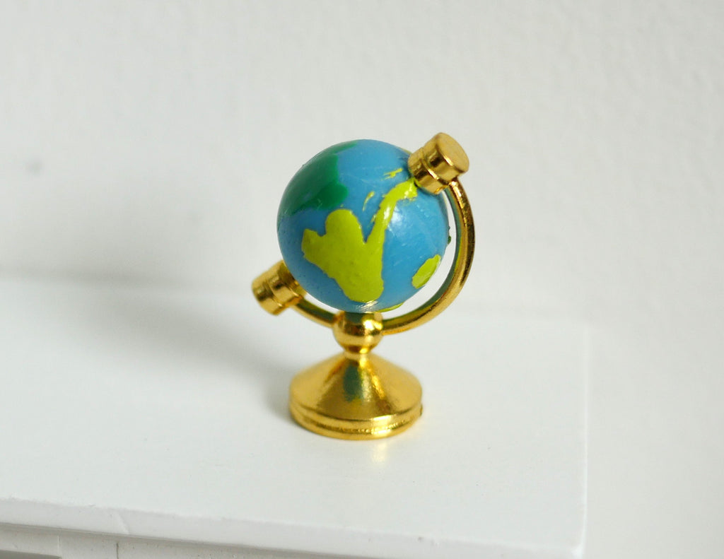 1:12 Scale Miniature World Globe on Gold Metal Stand, Round Base, 1-1/8 inch tall, DIY Dollhouse Supply