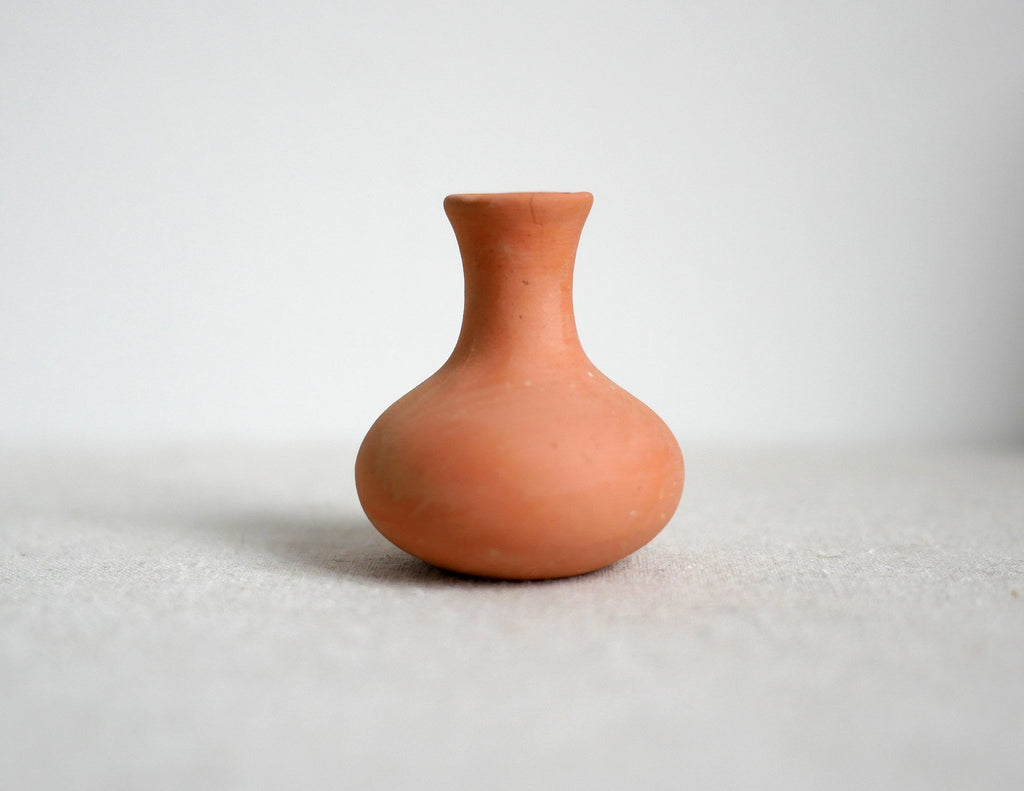 1:12 scale miniature terracotta clay vase with flared neck and round body, shown on a white surface