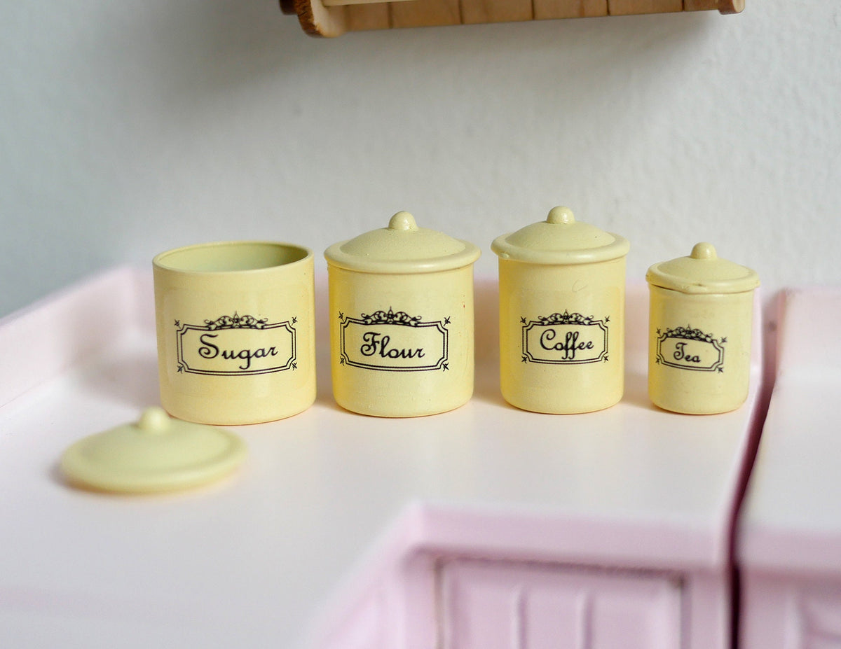 1:12 Scale Miniature Kitchen Canisters with Lids, Set of 4, 9/16 to 11/16 inch tall, DIY Dollhouse Supply (yellow)