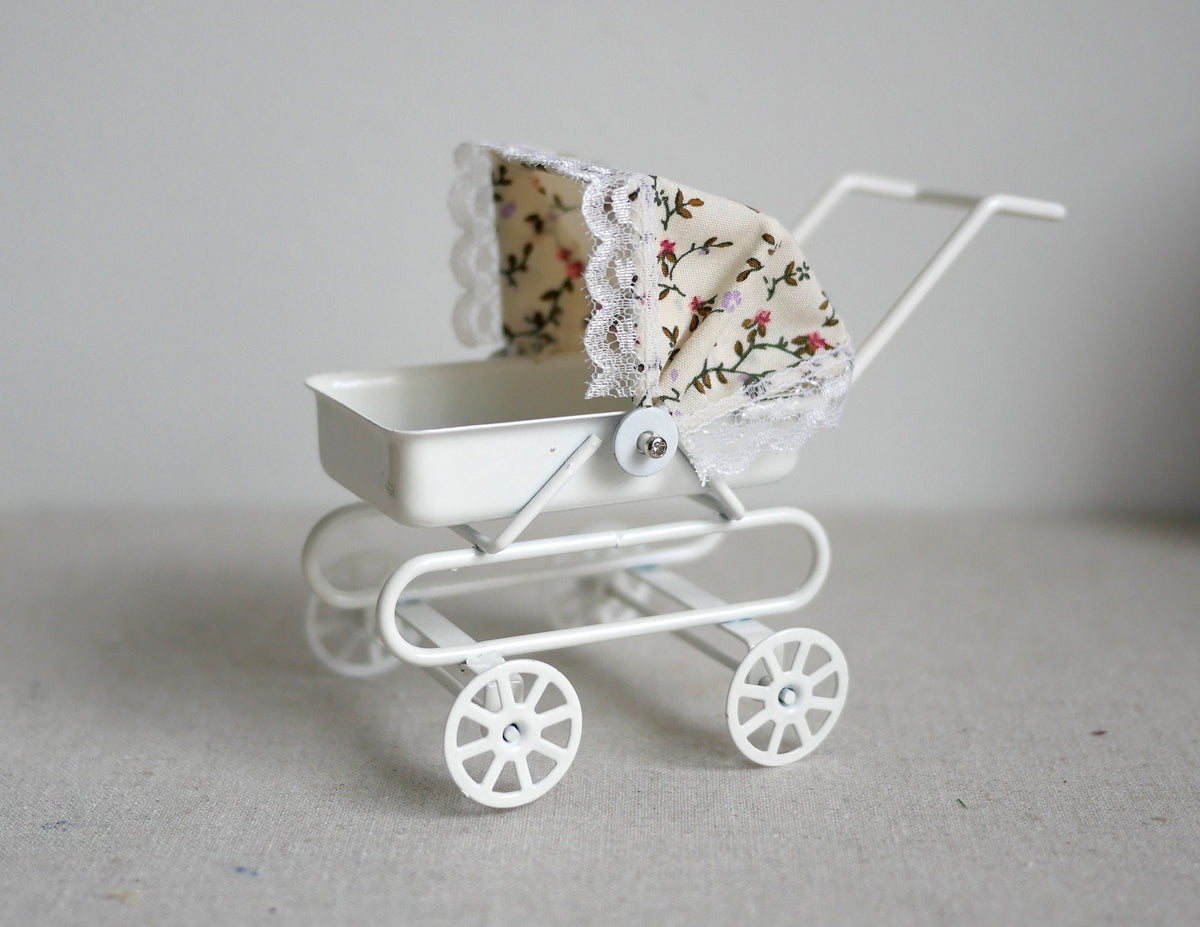 1:12 Scale Miniature Metal Baby Pram with Floral Tilt Hood, 3-3/8 inch tall, DIY Dollhouse Supply (white)