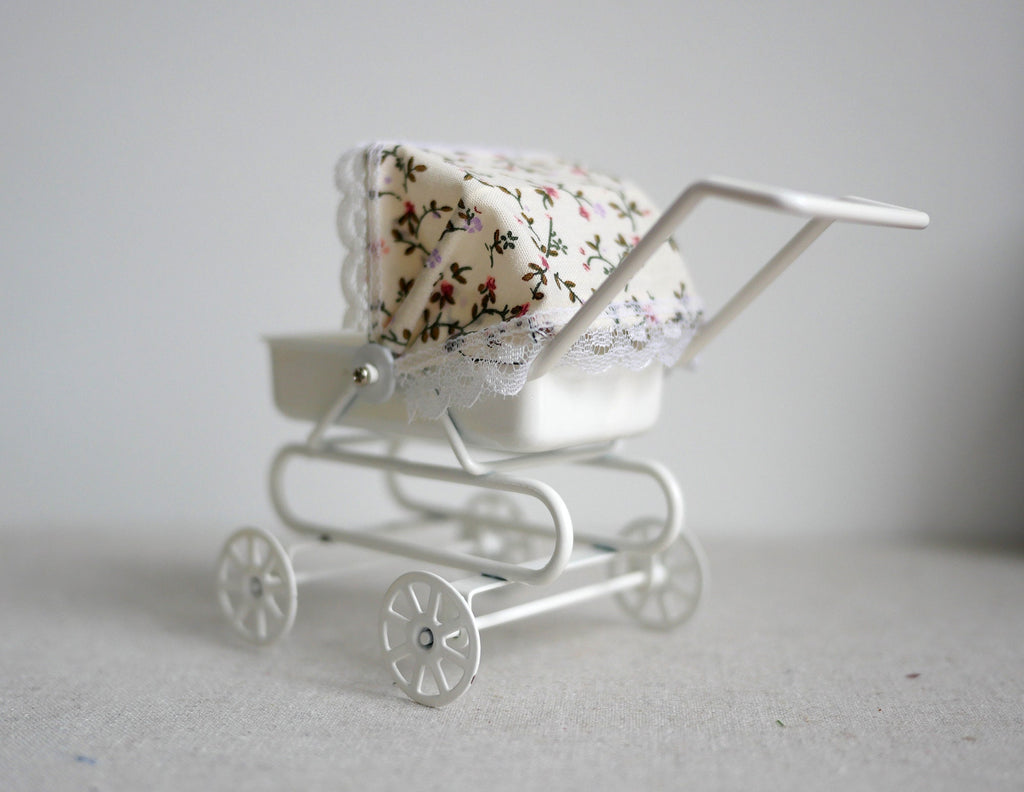 1:12 Scale Miniature Metal Baby Pram with Floral Tilt Hood, 3-3/8 inch tall, DIY Dollhouse Supply (white)