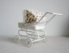 1:12 Scale Miniature Metal Baby Pram with Floral Tilt Hood, 3-3/8 inch tall, DIY Dollhouse Supply (white)