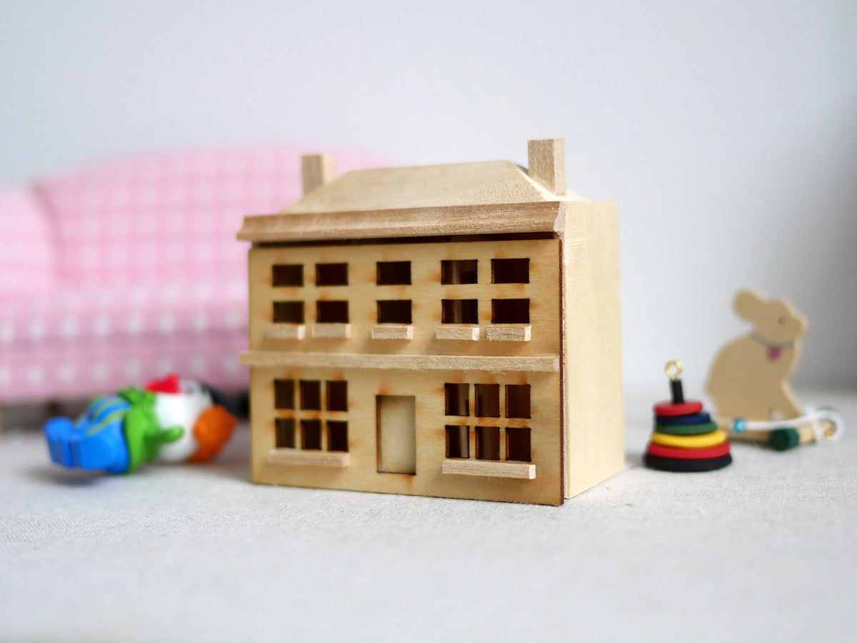 1:144 Scale Miniature Unpainted Wood Dollhouse Model, Removable Front, 2-1/2 inch tall, DIY Dollhouse Supply