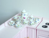 Dollhouse miniature porcelain ceramic teapot and cups 15 piece set leaves and birds teapot - A057