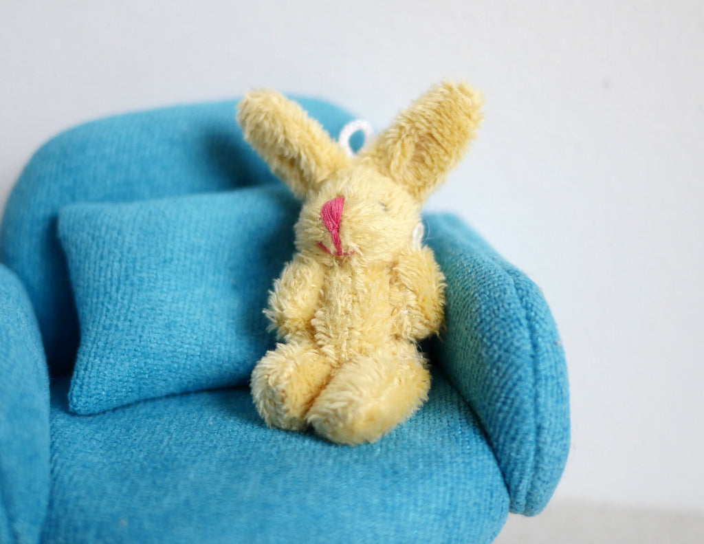 1:12 Scale Miniature Long Hair Plush Bunny Doll, Sitting, 1-7/8 inch tall, DIY Dollhouse Supply (yellow)