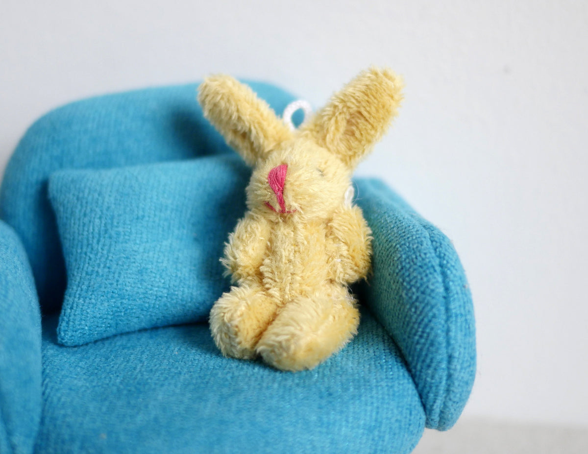 1:12 Scale Miniature Long Hair Plush Bunny Doll, Sitting, 1-7/8 inch tall, DIY Dollhouse Supply (yellow)