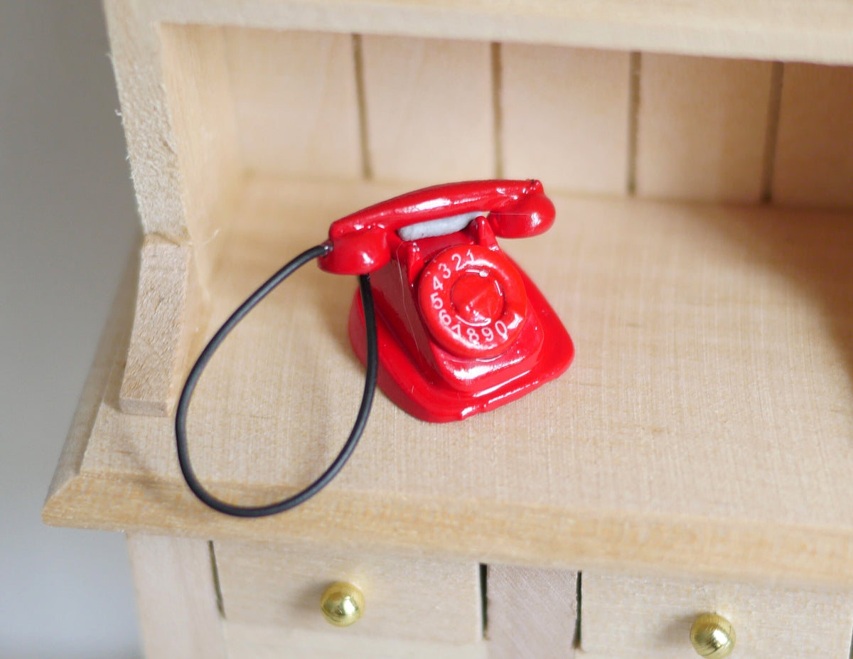 1:12 Scale Miniature Metal Rotary Dial Telephone with Coiled Cord, 5/8 inch wide, DIY Dollhouse Supply (red)