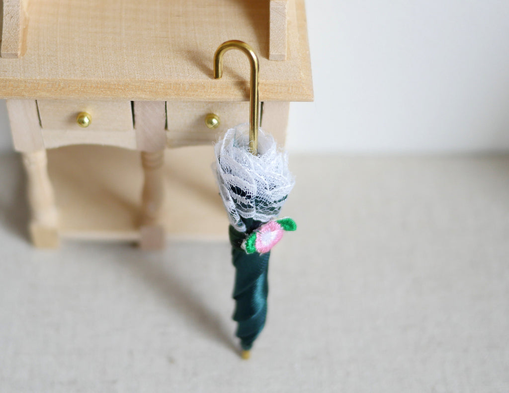 1:12 Scale Miniature Lace Trim Umbrella, Floral Print, Closed, 3-3/8 inch long, DIY Dollhouse Supply (dark green)