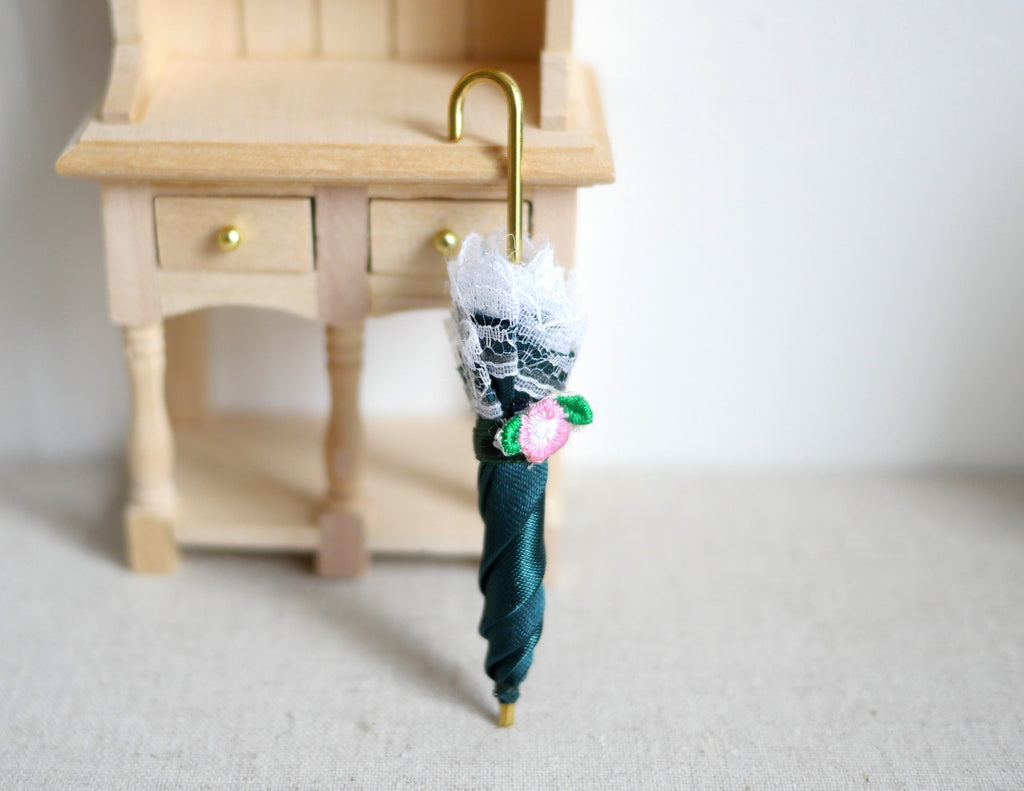 1:12 Scale Miniature Lace Trim Umbrella, Floral Print, Closed, 3-3/8 inch long, DIY Dollhouse Supply (dark green)