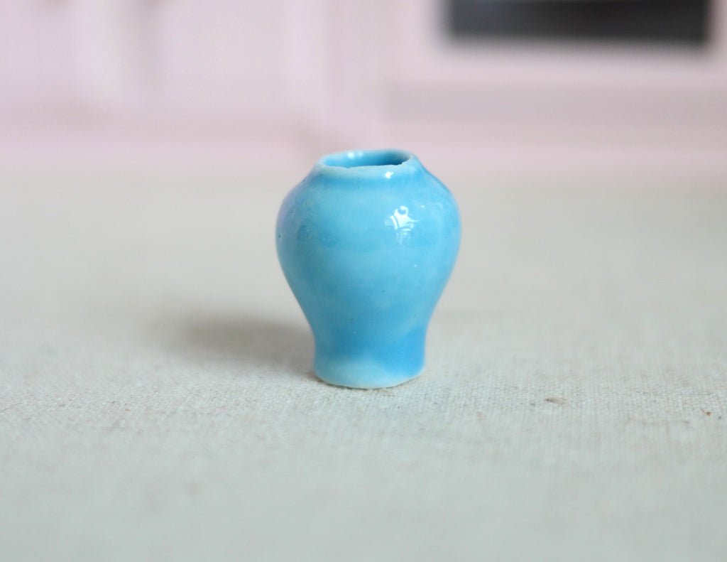 1:12 Scale Miniature Glazed Ceramic Ginger Jar Vase, 1 inch tall, DIY Dollhouse Supply (light blue)