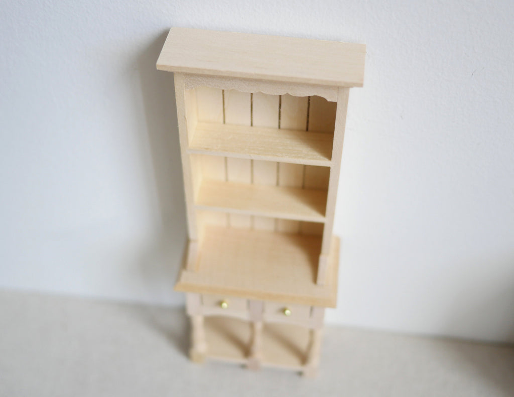 1:12 Scale Miniature Unpainted Wood Narrow Bookshelf Cabinet, 3 Shelves, 6-7/8 inch tall, DIY Dollhouse Supply