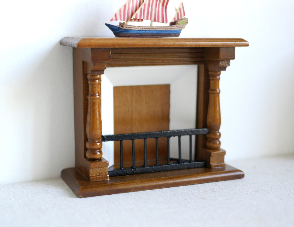 1:12 Scale Miniature Wood Fireplace with White Firebox and Black Grate, 3-7/16 inch tall, DIY Dollhouse Supply (walnut)