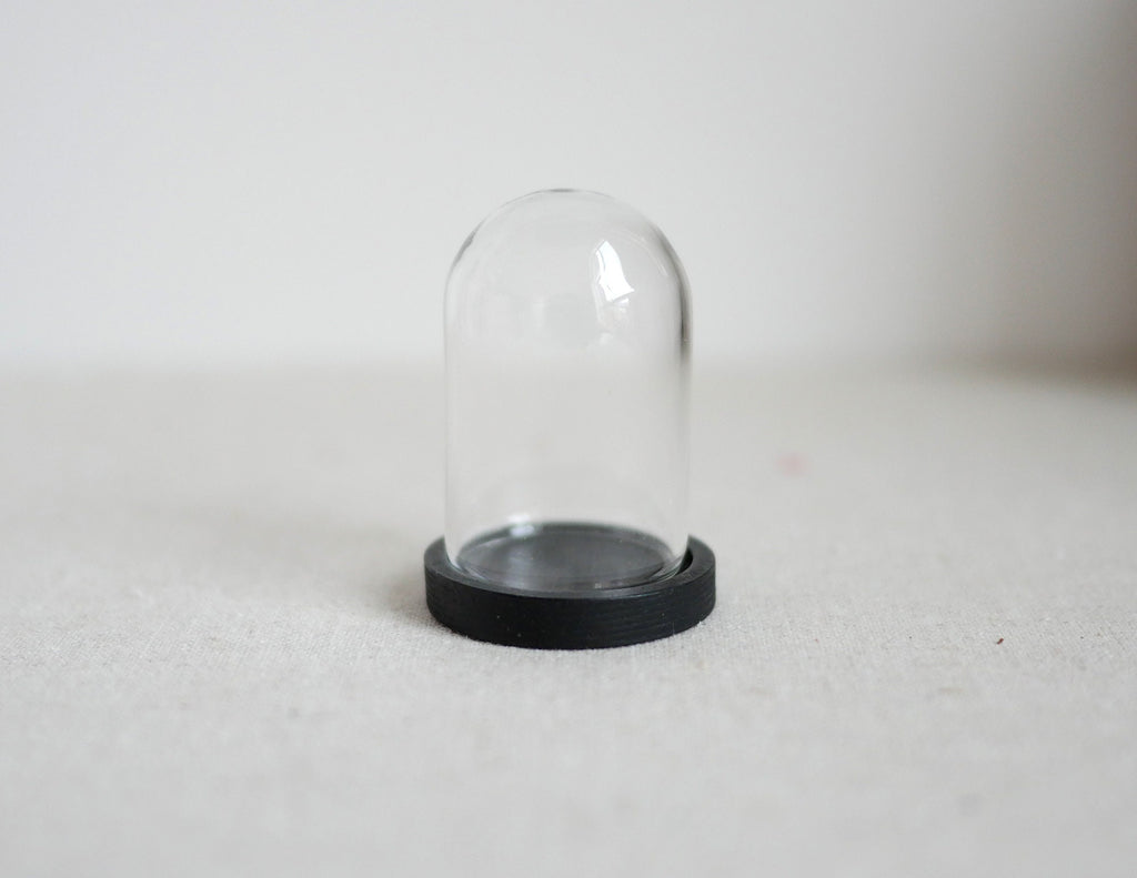1:12 scale miniature glass dome with black wood base, clear bell jar cloche, shown empty on a white surface