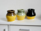 1:12 scale miniature ceramic vases with two tone glaze, set of 3, yellow with brown, green and black tops