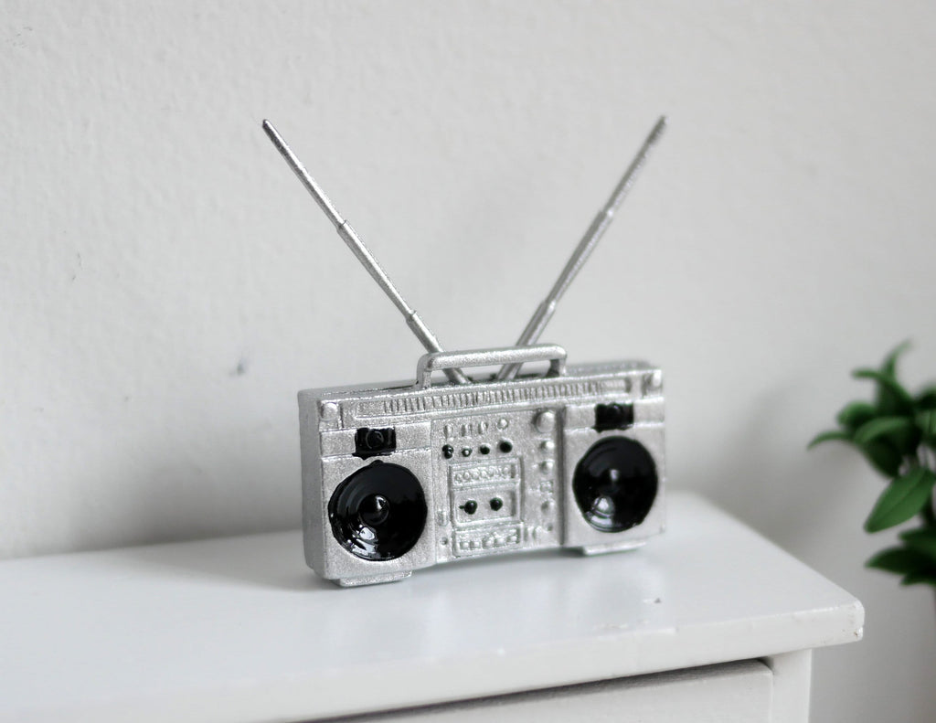 1:12 Scale Miniature Boombox Radio, 2 Antennas, 1-9/16 inch long, DIY Dollhouse Supply (silver)