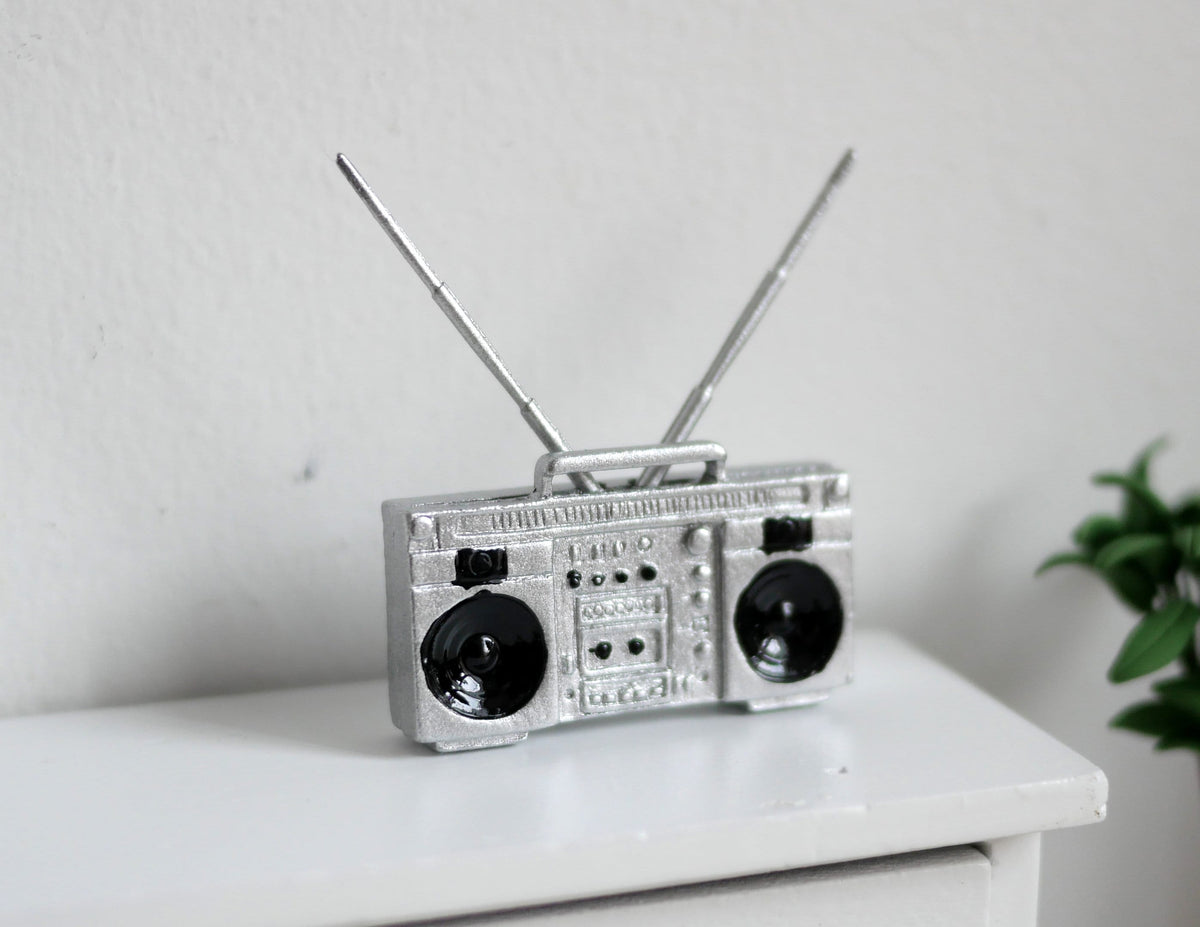 1:12 Scale Miniature Boombox Radio, 2 Antennas, 1-9/16 inch long, DIY Dollhouse Supply (silver)