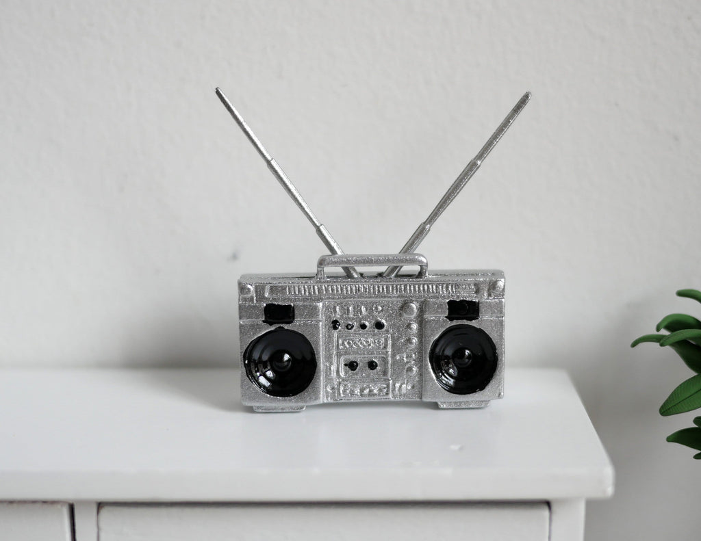 1:12 Scale Miniature Boombox Radio, 2 Antennas, 1-9/16 inch long, DIY Dollhouse Supply (silver)