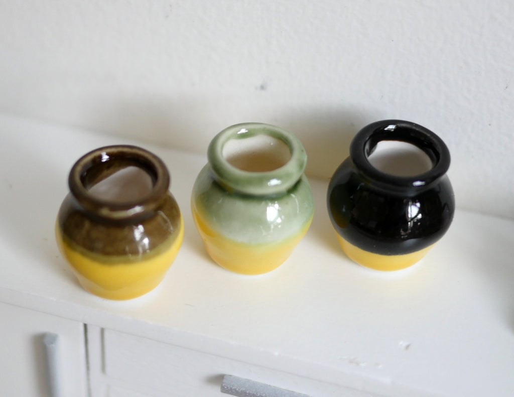 1:12 Scale Miniature Ceramic Vases, Two Tone Glaze, Set of 3, 7/8 inch tall, DIY Dollhouse Supply