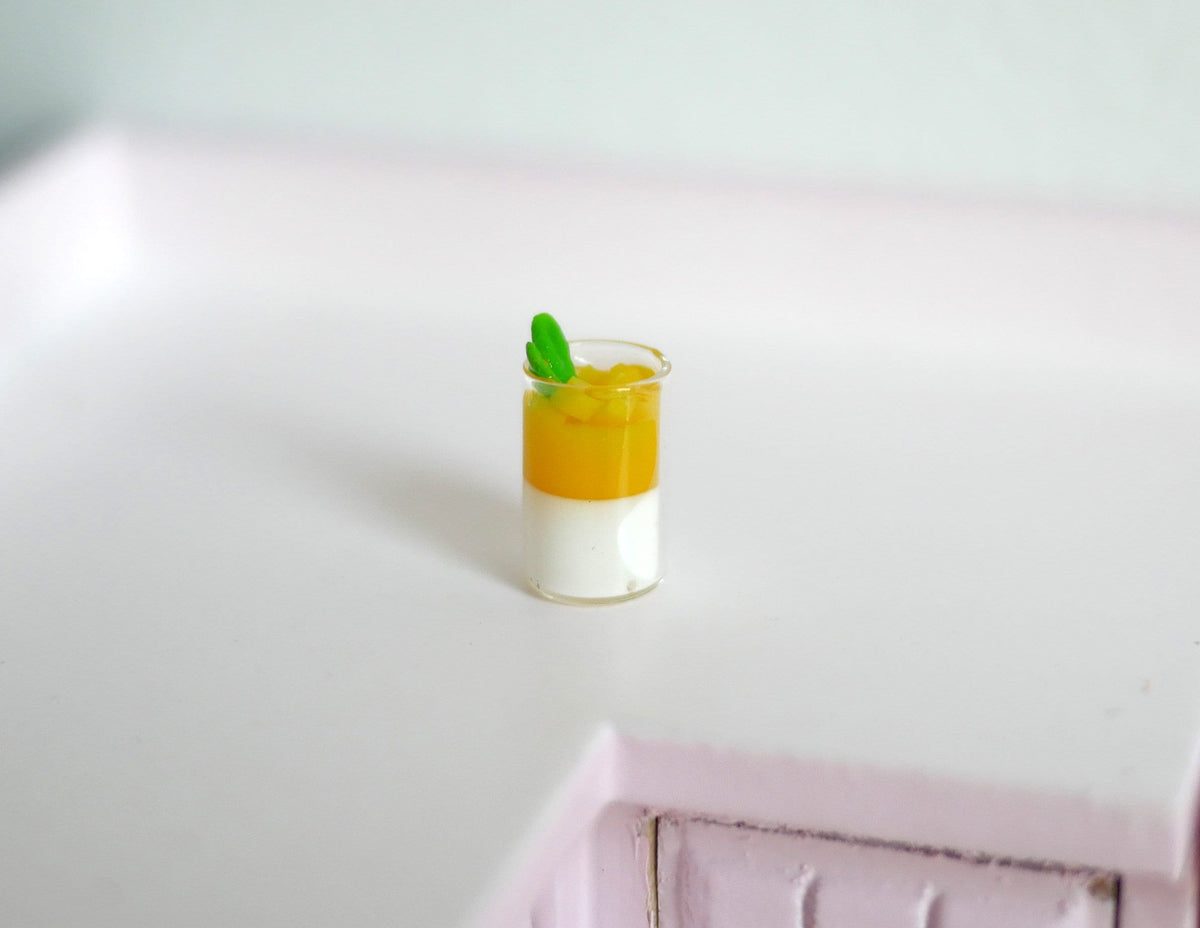 1:12 Scale Miniature Mango Summer Drink with Ice and Lime Garnish, 1/2 inch tall, DIY Dollhouse Supply (glass)