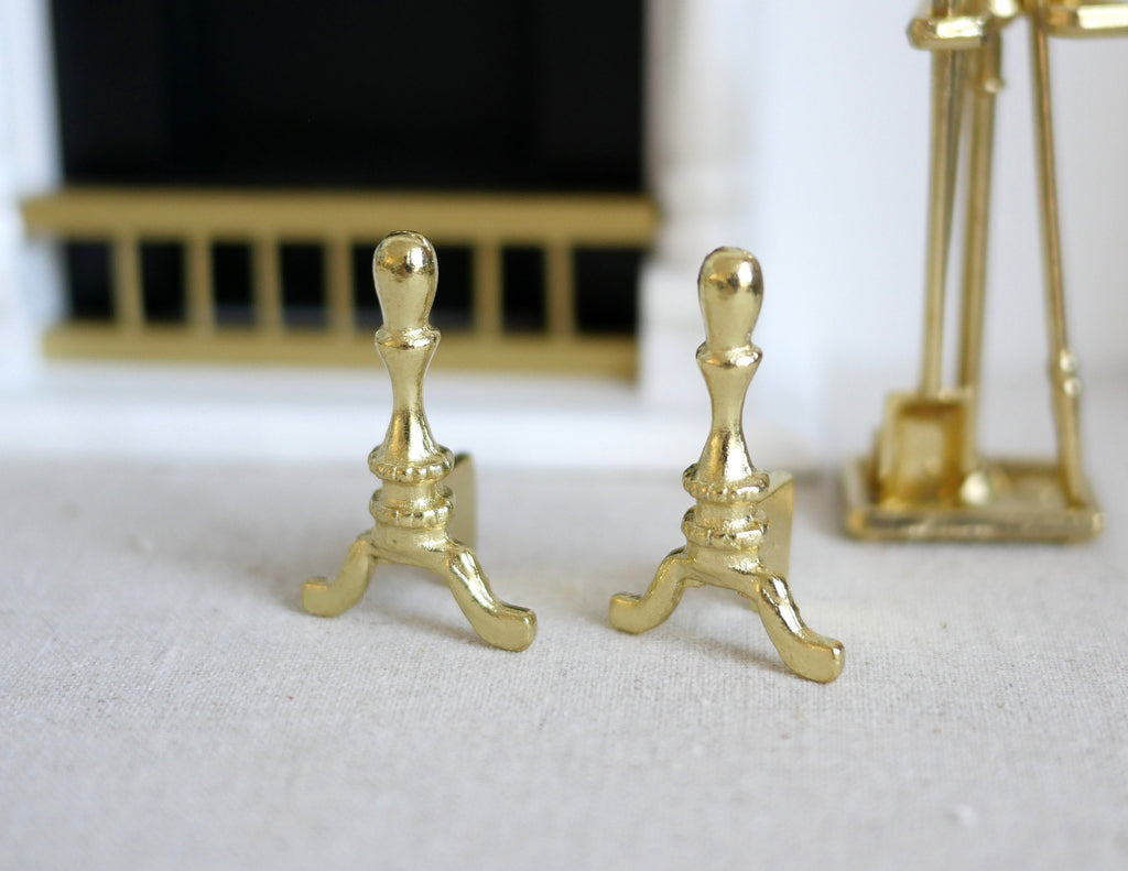 1:12 Scale Miniature Fireplace Andirons, Set of 2, 1-3/8 inch tall, DIY Dollhouse Supply (gold)