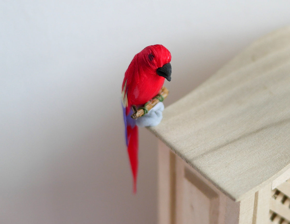 1:12 Scale Miniature Red Parrot Figure, 2-3/8 inch tall, DIY Dollhouse Supply