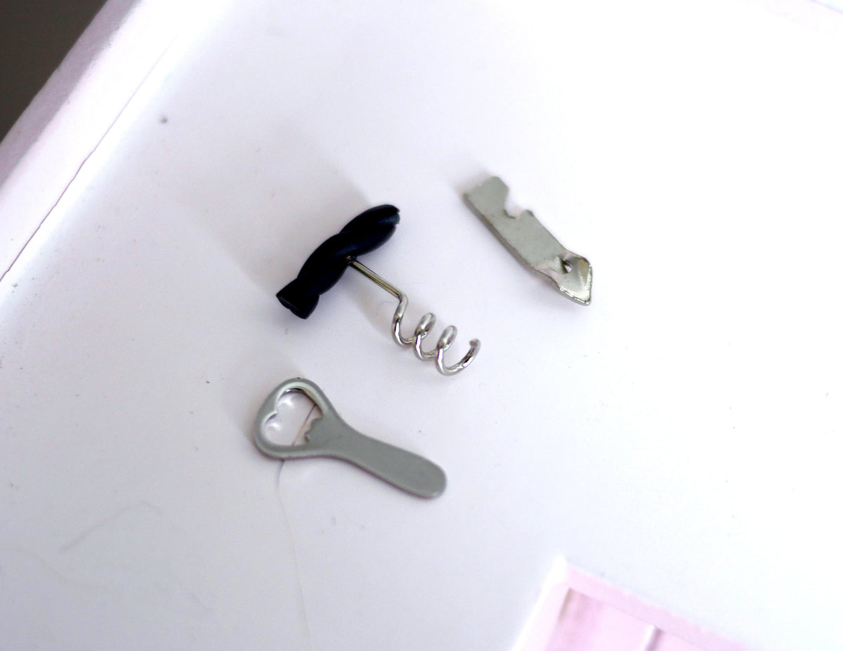 1:12 Scale Miniature Corkscrews and Bottle Opener, Set of 3, 9/16 inch long, DIY Dollhouse Supply