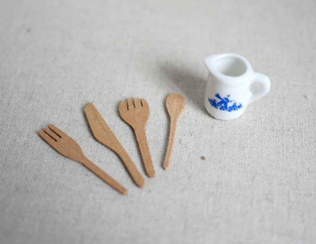 Miniature Wood Cooking Utensils and Ceramic Jar 1:12 Scale Dollhouse Kitchen Decor Set of 5 - A027
