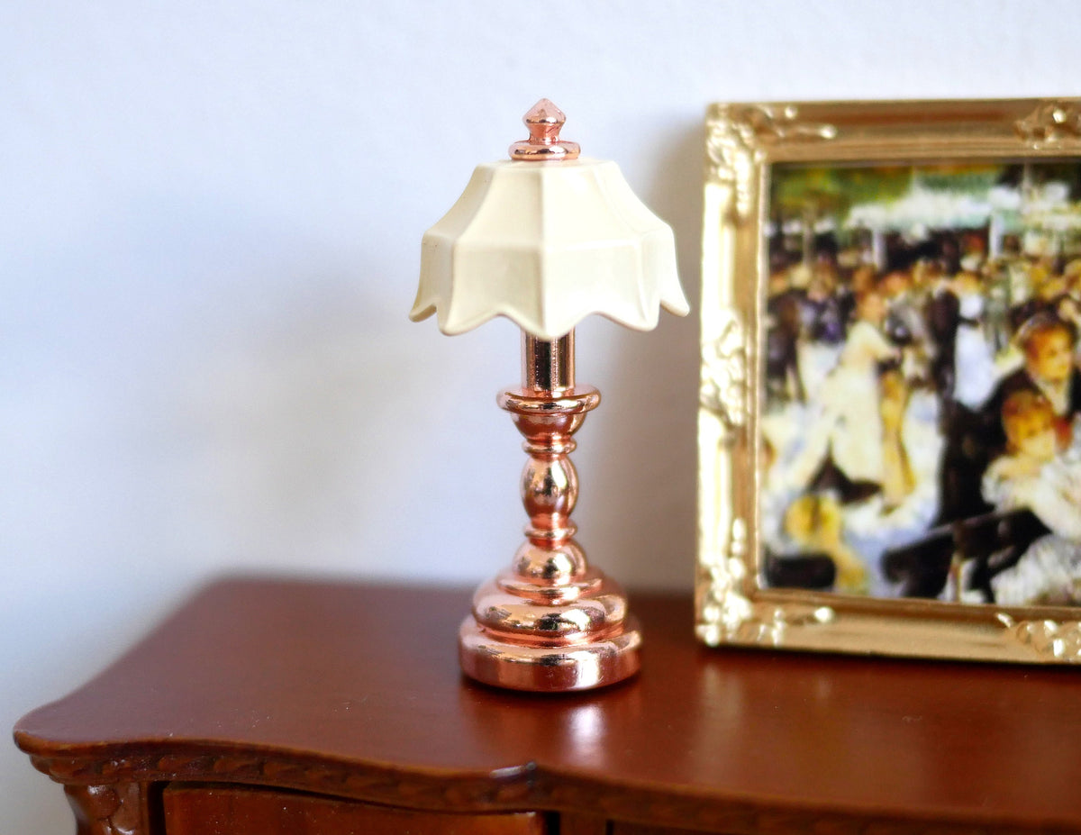 1:12 Scale Miniature Table Lamp with Copper Base and Pleated Shade, 1-11/16 inch tall, DIY Dollhouse Supply (non-electric)