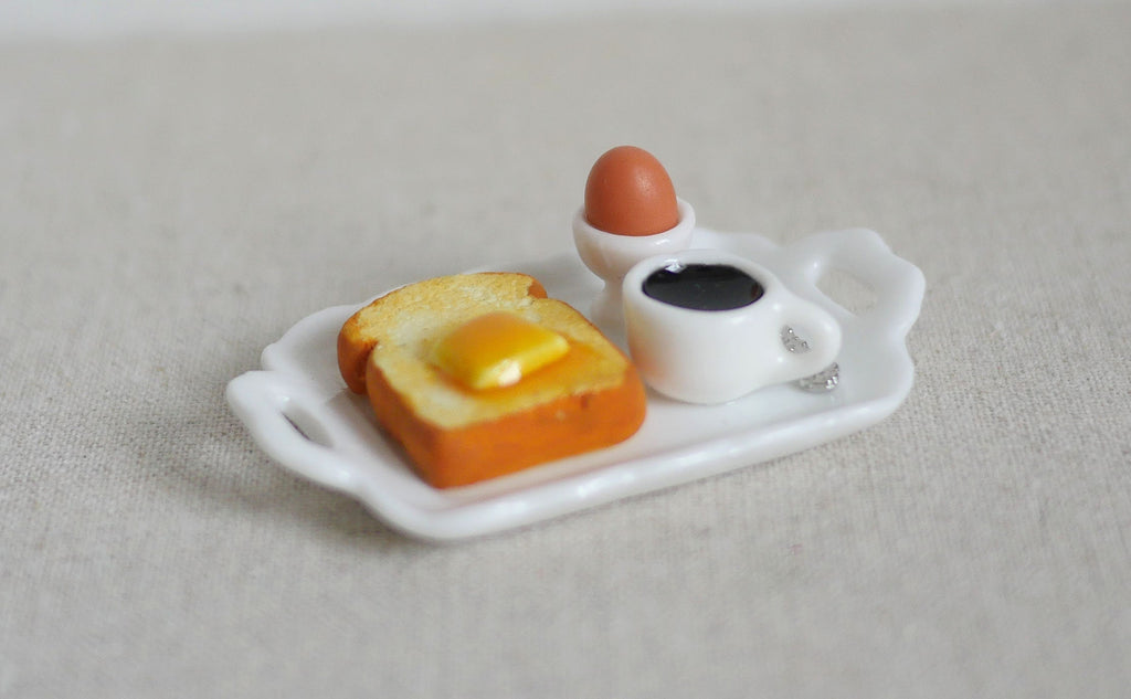 1:12 Scale Miniature Breakfast Tray with Toast, Boiled Egg and Coffee, 2-1/16 inch long, DIY Dollhouse Supply