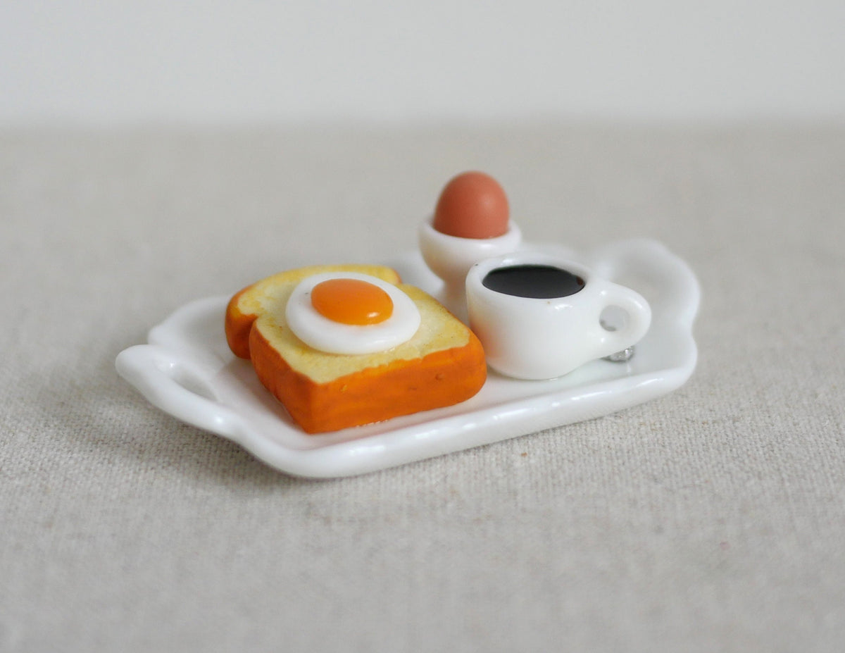 1:12 Scale Miniature Breakfast Tray Set, Toast with Fried Egg, Boiled Egg and Coffee, 2-1/16 inch long, DIY Dollhouse Supply