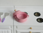 1:12 Scale Miniature Metal Cooking Pot with Lid, 2 Side Handles, 1-3/16 inch dia., DIY Dollhouse Supply (pink)