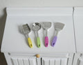 1:12 scale miniature metal cooking utensils with rainbow handles in yellow, green, pink and purple, set of 4