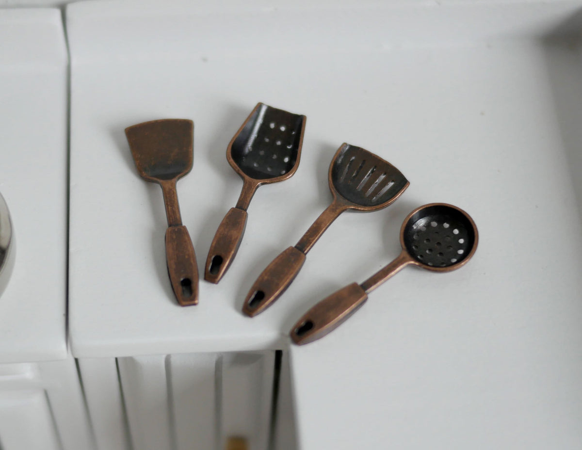 1:12 Scale Miniature Metal Cooking Utensils, Set of 4, 1-3/16 inch long, DIY Dollhouse Supply (black)