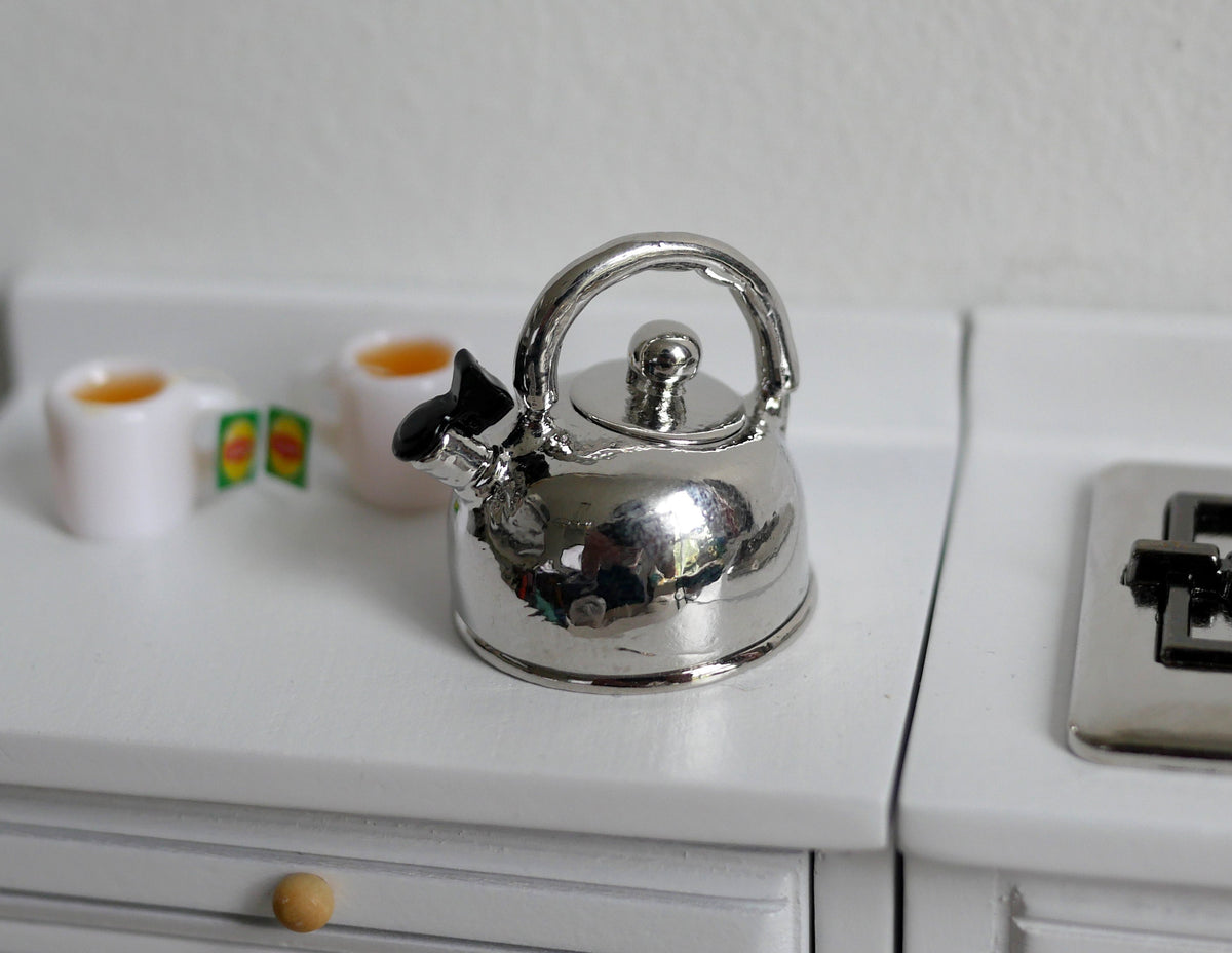 1:12 Scale Miniature Metal Water Boiler Kettle with Lid, 15/16 inch tall, DIY Dollhouse Supply (silver)