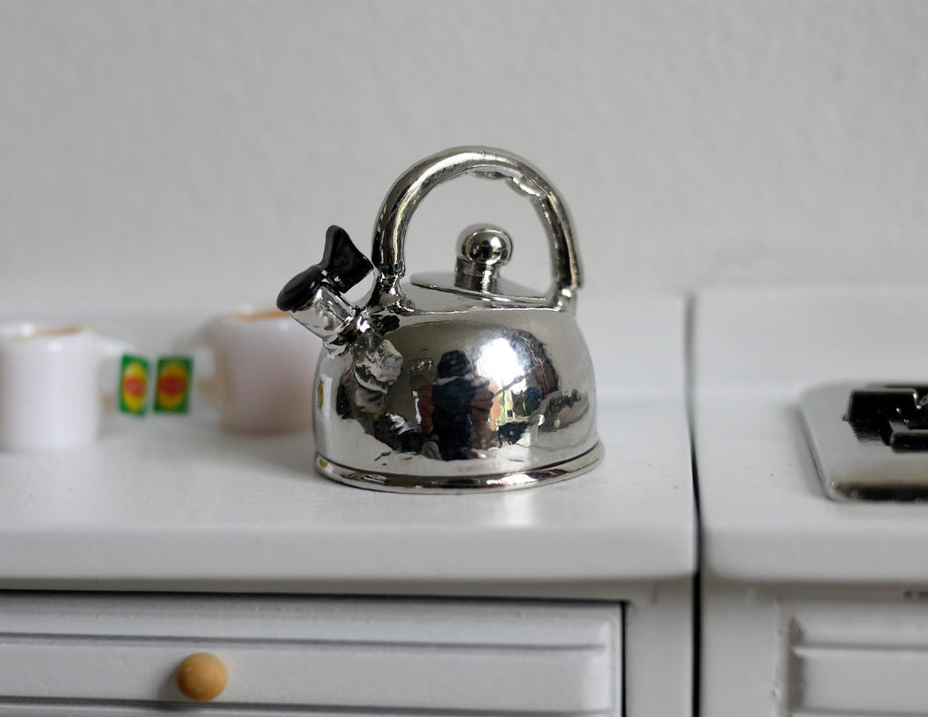 1:12 Scale Miniature Metal Water Boiler Kettle with Lid, 15/16 inch tall, DIY Dollhouse Supply (silver)
