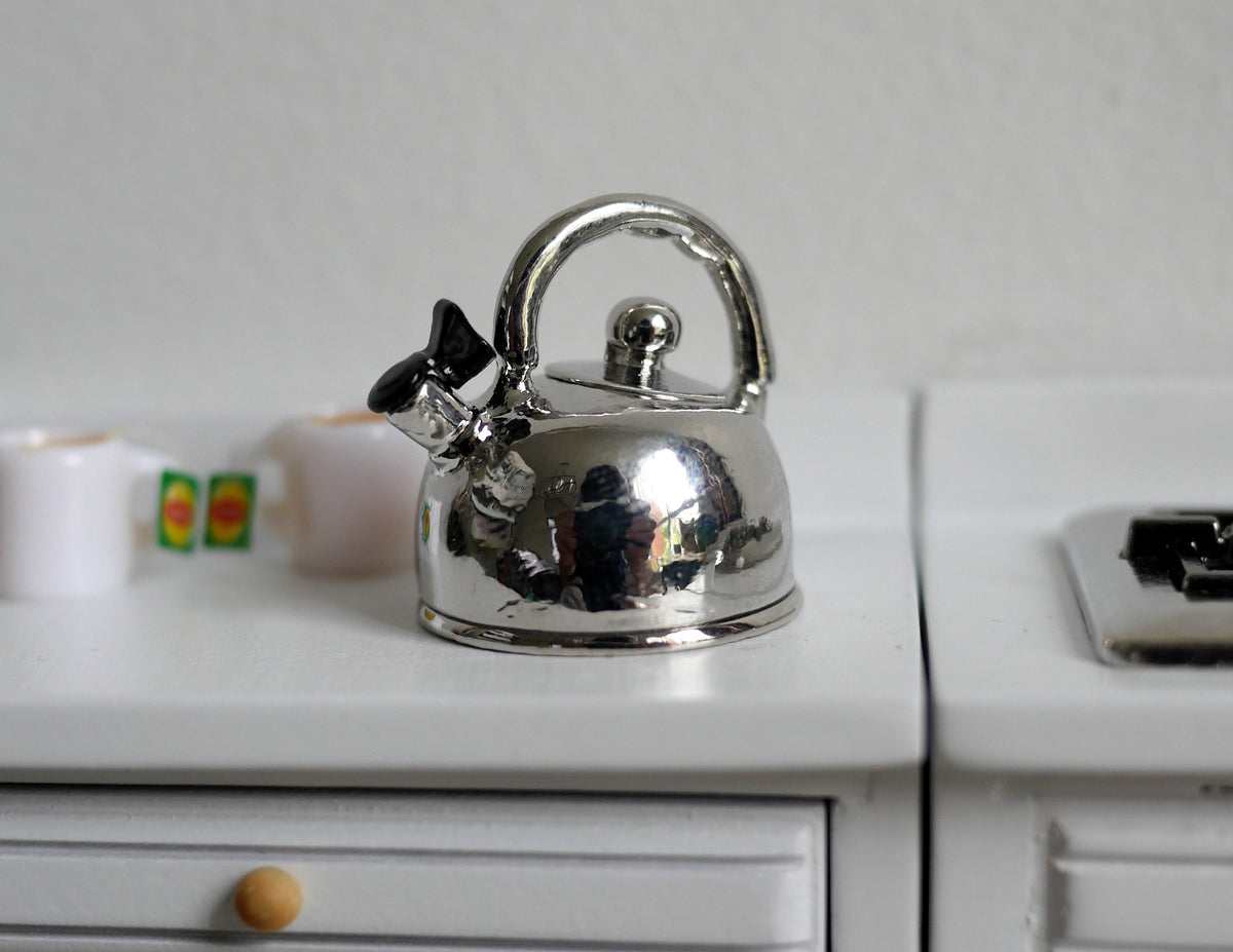 1:12 Scale Miniature Metal Water Boiler Kettle with Lid, 15/16 inch tall, DIY Dollhouse Supply (silver)