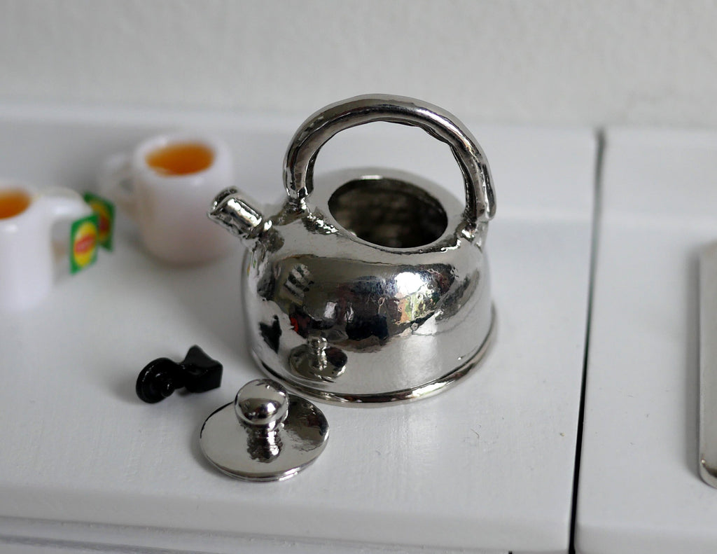 1:12 Scale Miniature Metal Water Boiler Kettle with Lid, 15/16 inch tall, DIY Dollhouse Supply (silver)