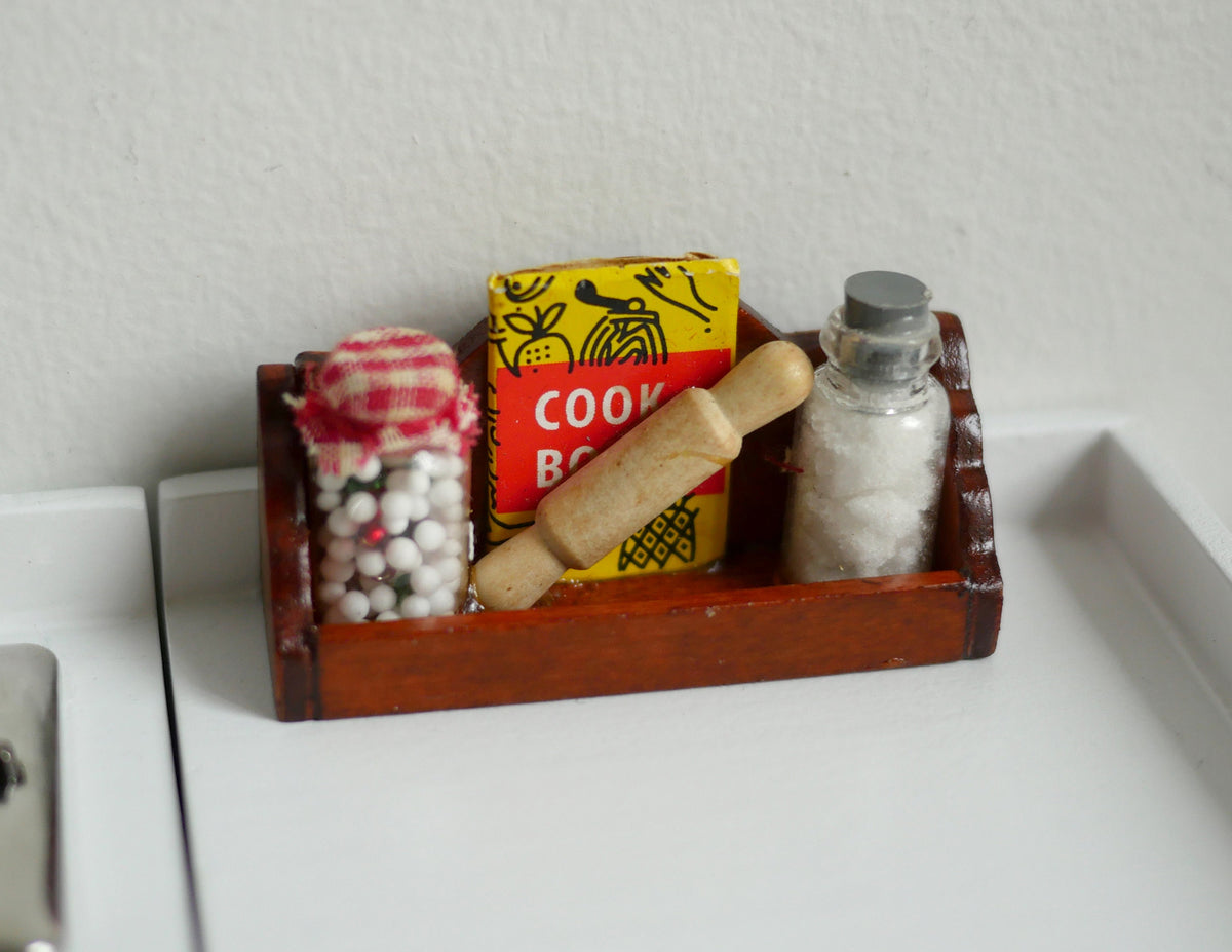 1:12 Scale Miniature Wood Kitchen Wall Shelf with Rail and Accessories, 2-1/2 inch wide, DIY Dollhouse Supply (dark brown)