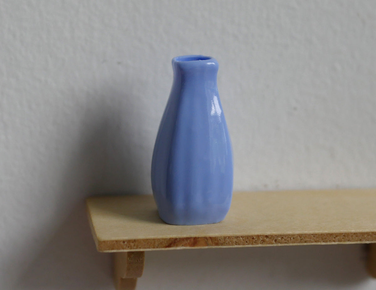 1:12 Scale Miniature Ribbed Vase, Narrow Neck, 1-3/16 inch tall, DIY Dollhouse Supply (periwinkle blue)