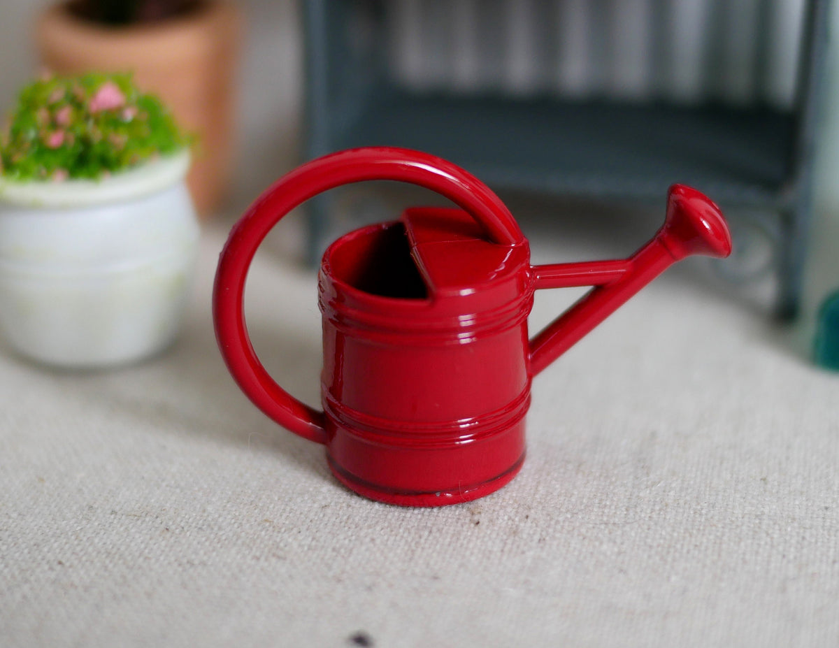 1:12 Scale Miniature Metal Watering Can with Long Spout, 1 inch tall, DIY Dollhouse Supply (red)