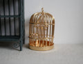 1:12 scale miniature metal birdcage in gold with swing door and dome top, shown on a white surface beside a dark metal shelf