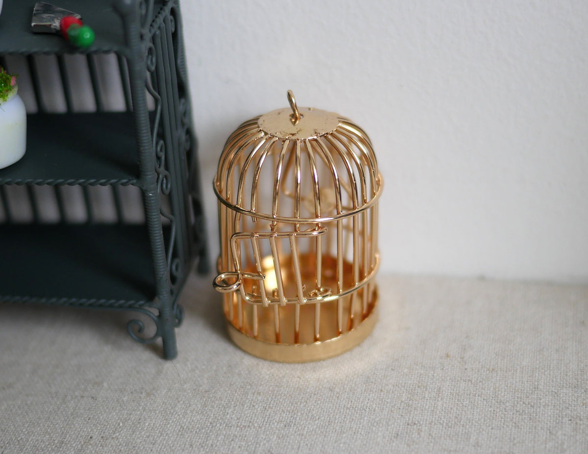 1:12 Scale Miniature Metal Birdcage with Swing Door, Dome Top, 1-3/4 inch tall, DIY Dollhouse Supply (gold)