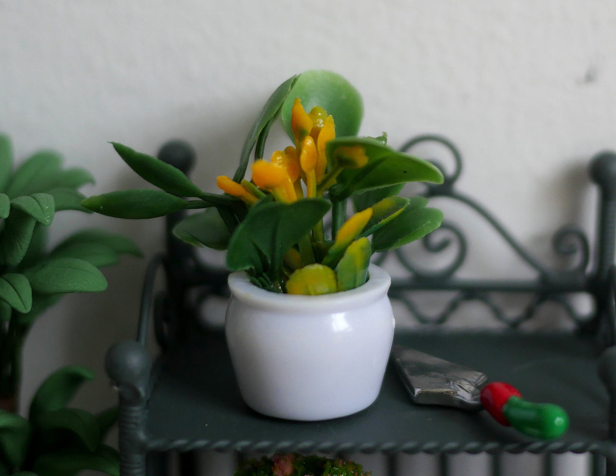 1:12 Scale Miniature Potted Flowering Plant in White Pot, 1-3/16 inch tall, DIY Dollhouse Supply (orange and yellow)