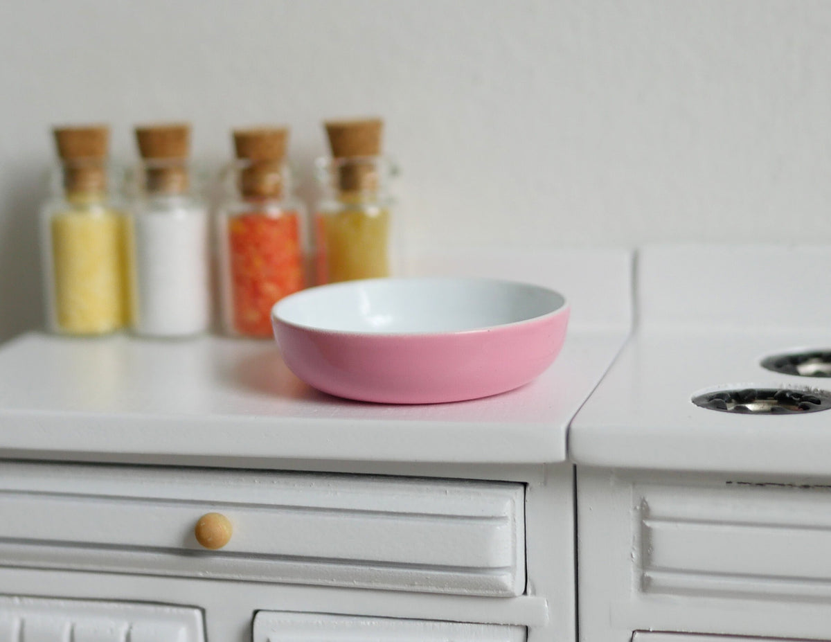 1:12 Scale Miniature Ceramic Shallow Bowl, White Inside, 1-1/4 inch wide, DIY Dollhouse Supply (pink)