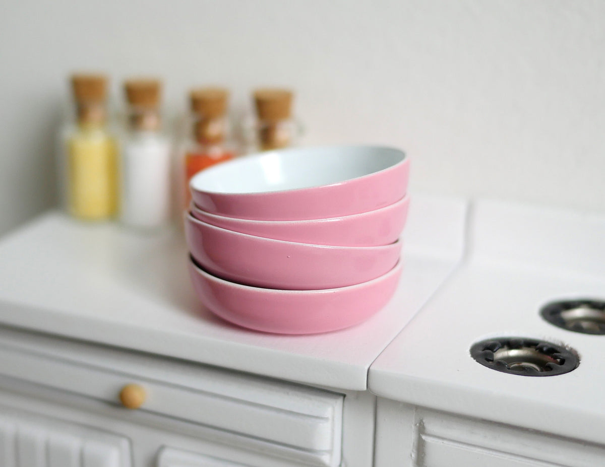 1:12 Scale Miniature Ceramic Shallow Bowl, White Inside, 1-1/4 inch wide, DIY Dollhouse Supply (pink)