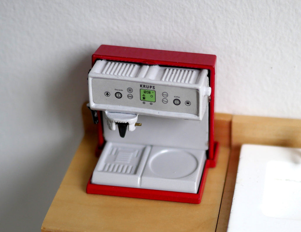 1:12 Scale Miniature Metal Coffee Machine, 1-7/16 inch tall, DIY Dollhouse Supply (silver and red)