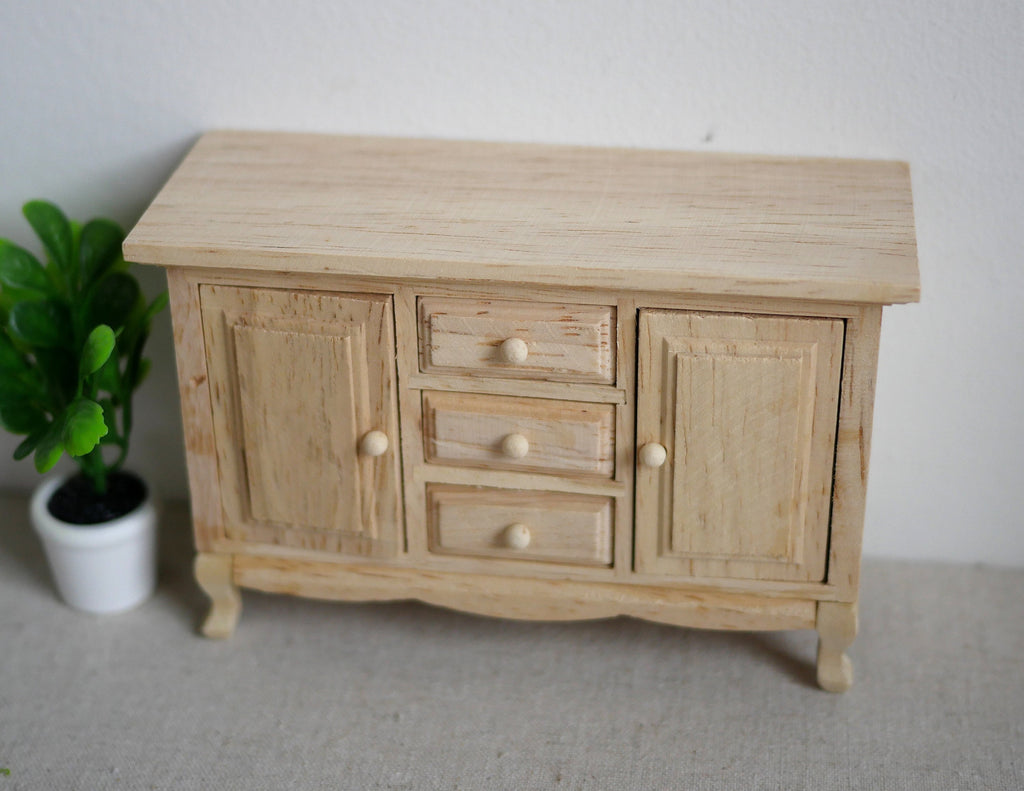 Dollhouse unpainted cabinet sideboard 1:12 scale miniature cabinet functional drawers - I012