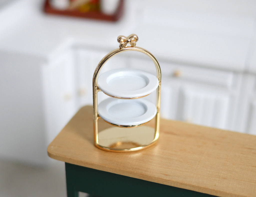 1:12 Scale Miniature Metal 2 Tier Serving Stand with Plates, 1-15/16 inch tall, DIY Dollhouse Supply (gold)